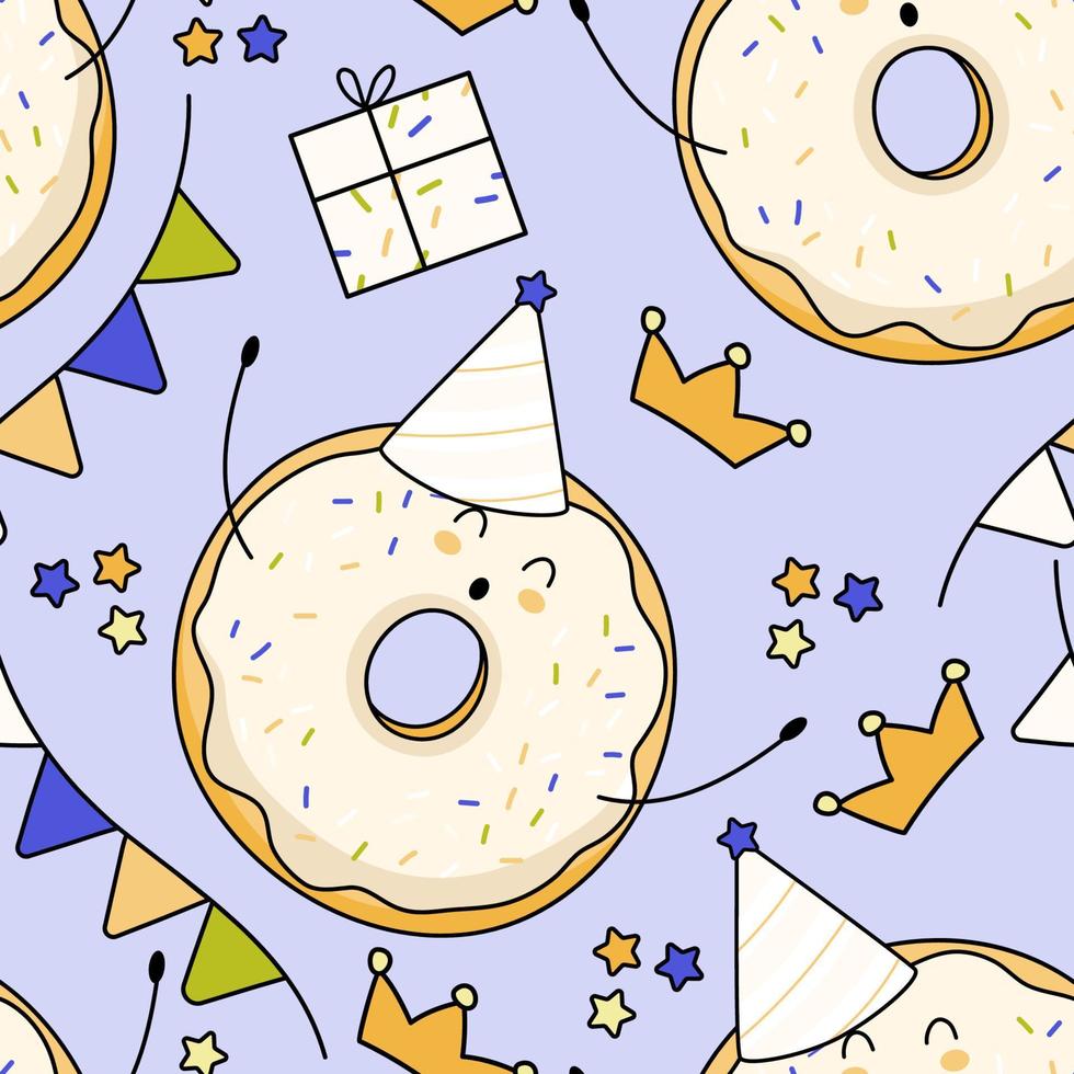 kleurrijk naadloos patroon van viering, feest. schattig helder donuts, geschenken, vlaggen. vector viering achtergrond. perfect voor omhulsel papier, scrapbooken, textiel afdrukken, behang