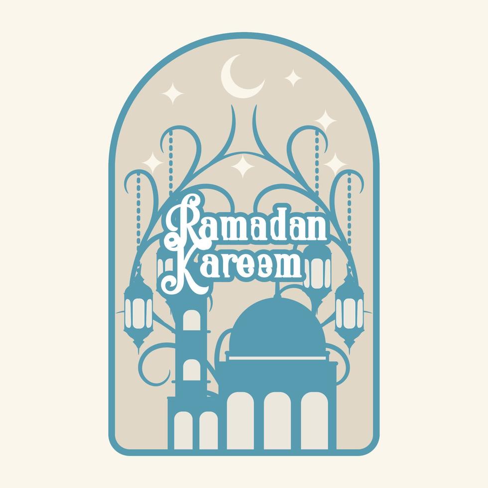 moderne ramadan mubarak-wenskaarten met retro boho-ontwerp, maan, moskeekoepel en lantaarns vector