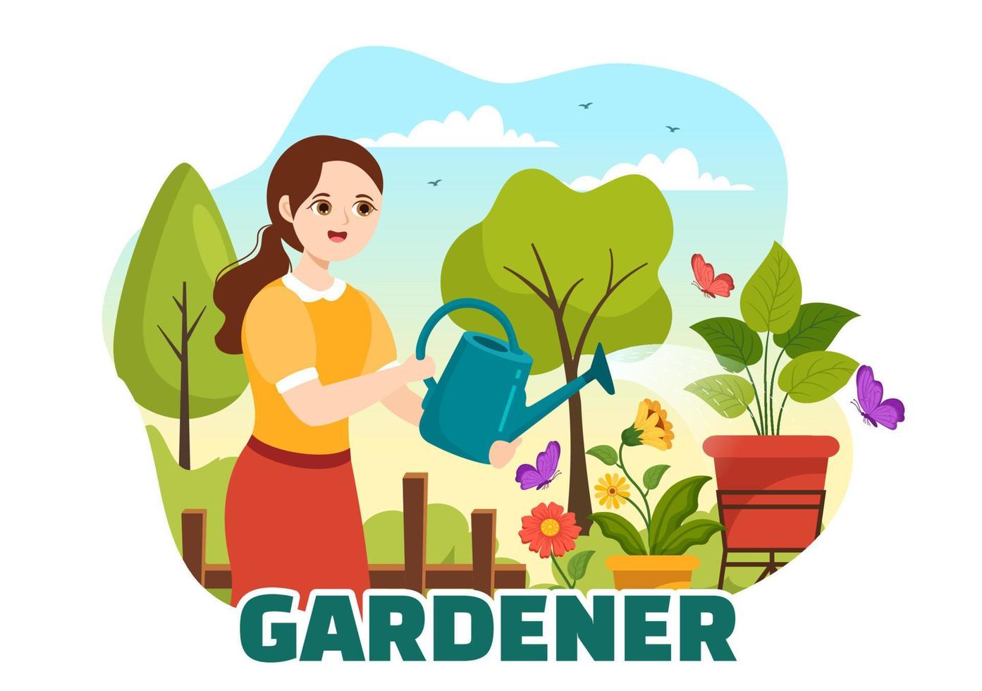 tuinman illustratie met tuin hulpmiddelen, landbouw, groeit groenten in botanisch zomer tuinieren vlak tekenfilm hand- getrokken voor landen bladzijde Sjablonen vector