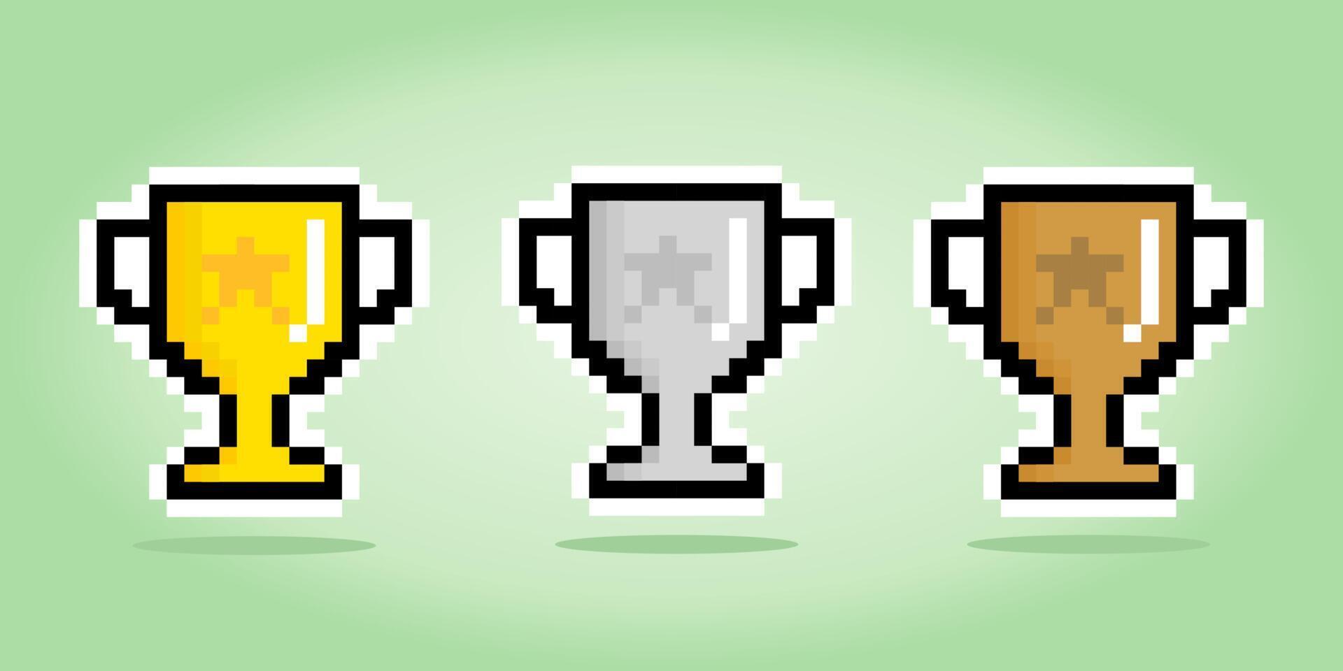 8 stukjes pixel trofee. kop pixel in vector illustratie voor spel middelen en kruis steek patronen.