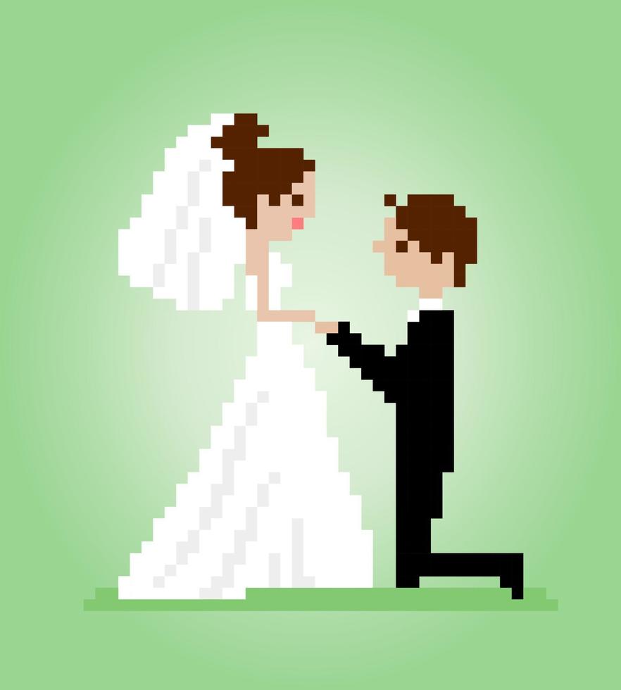 8-bits pixel van mannen vragen een vrouw om met hem te trouwen. word jij de mijne pixel in vectorillustraties voor game-items of kruissteekpatronen. vector