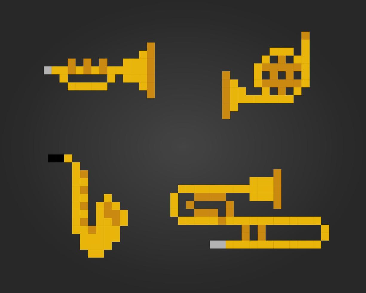 8 bit pixel trompet. muziekinstrumentpixels in vectorillustratie voor spelactiva of kruissteekpatroon. vector