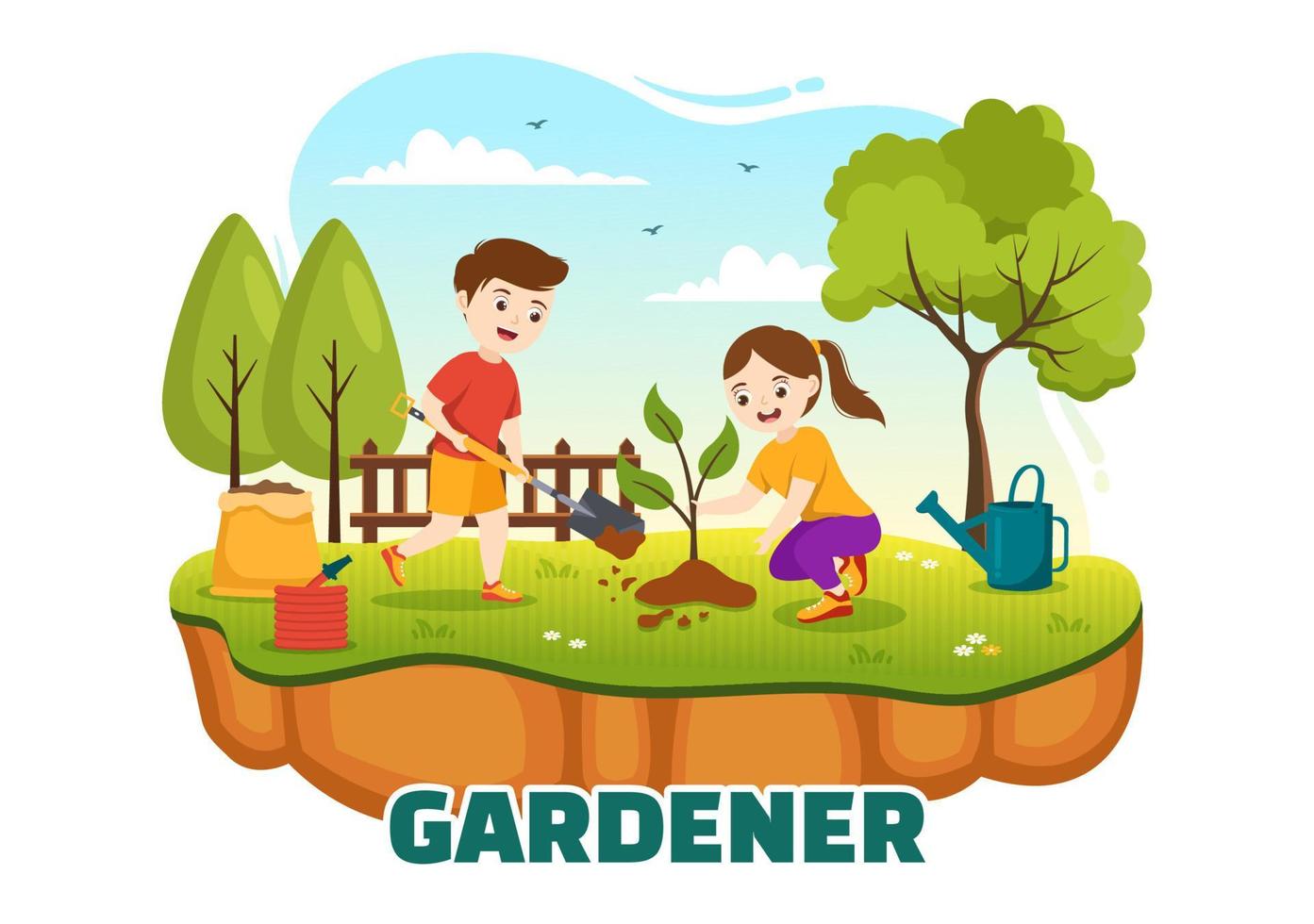 tuinman illustratie met kinderen, tuin hulpmiddelen, landbouw, groeit groenten in botanisch zomer tuinieren tekenfilm hand- getrokken voor landen bladzijde Sjablonen vector