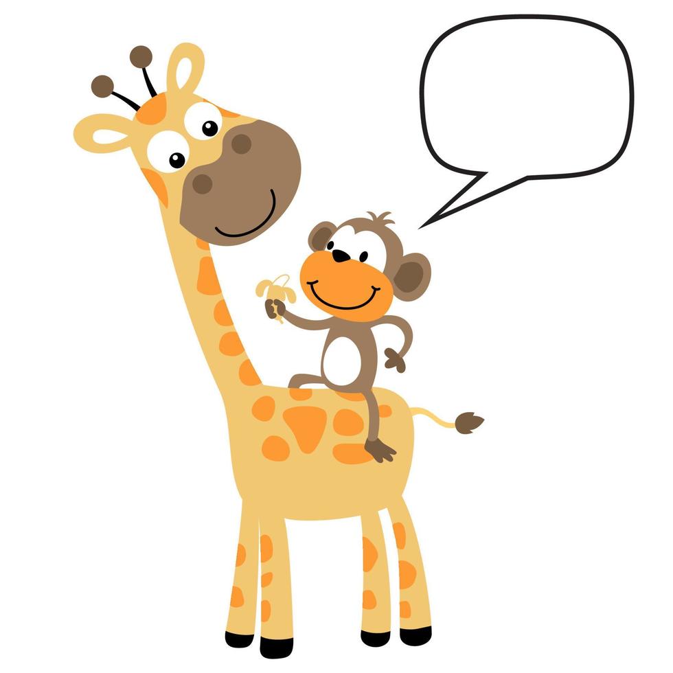 grappig aap rijden giraffe terwijl Holding banaan Aan wit achtergrond, vector tekenfilm illustratie