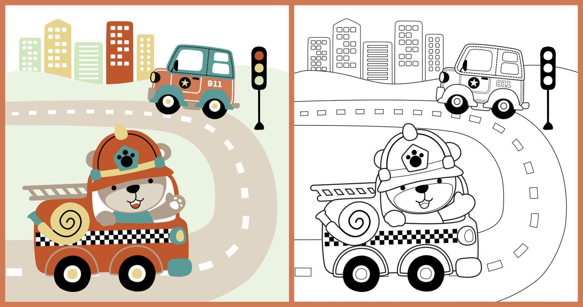vector tekenfilm van schattig beer Aan brandweerwagen met Politie auto in stad weg, kleur boek of bladzijde
