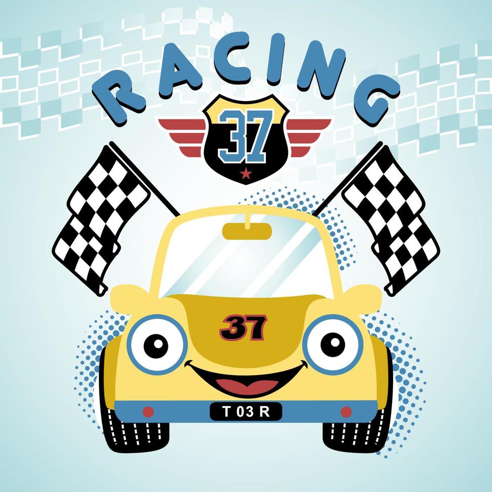 glimlachen racing auto met racing elementen, vector tekenfilm illustratie