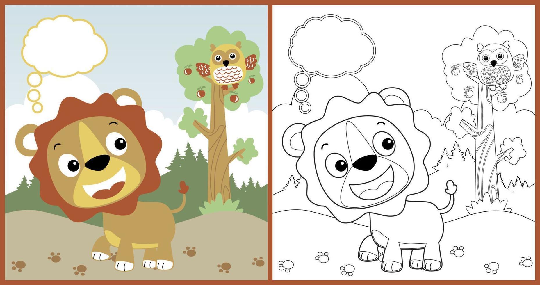 vector tekenfilm van schattig leeuw met uil neerstrijken Aan boom in Woud, kleur boek of bladzijde