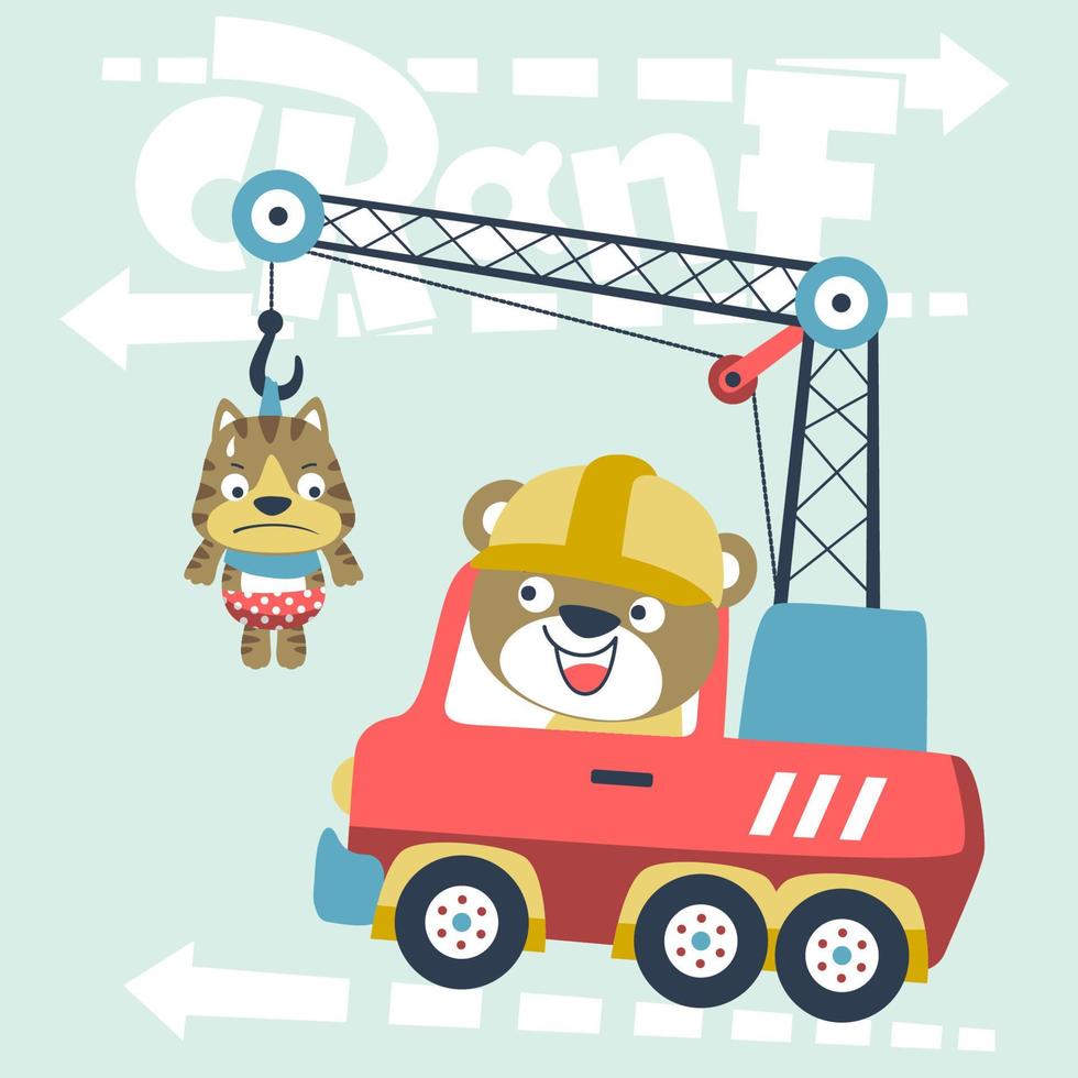 vector tekenfilm illustratie van schattig beer Aan kraan vrachtauto met katje