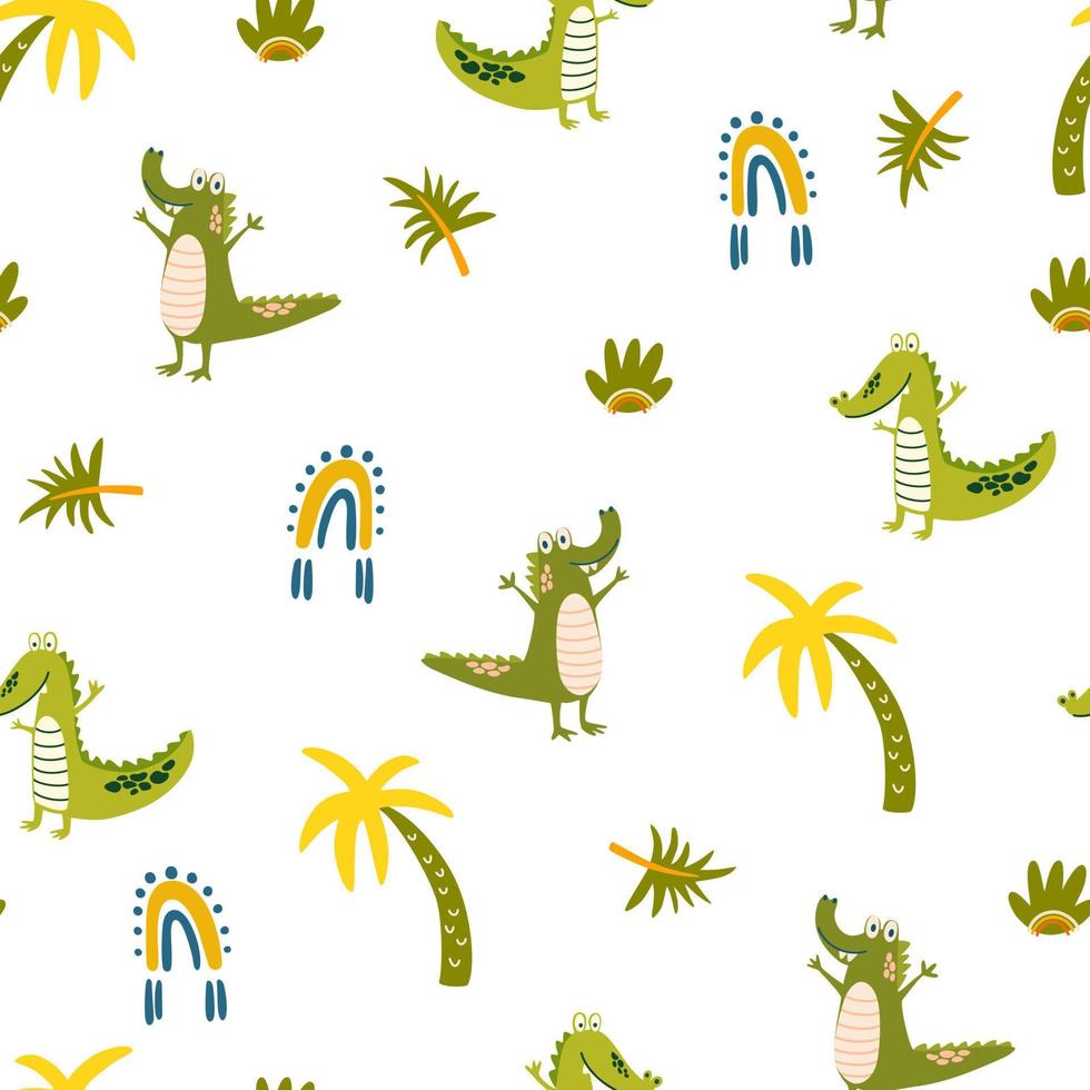 krokodillen en palm bomen naadloos patroon. tropisch oerwoud achtergrond voor kinderen. perfect voor het drukken baby kleren, textiel stoffen. vector tekenfilm illustratie.