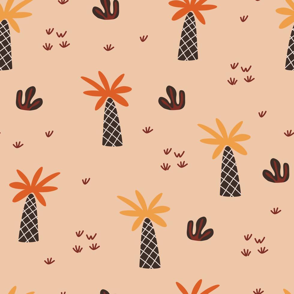 palm bomen vector tekenfilm naadloos patroon. tropisch achtergrond met hand- getrokken arecaceae planten. strand kokosnoot boom behang, Afrikaanse Woud textiel, omhulsel papier afdrukken ontwerp.