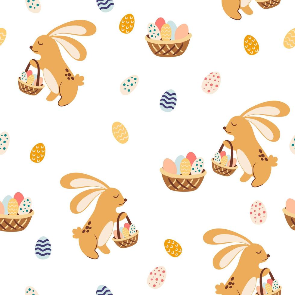 hazen konijnen en Pasen eieren naadloos patroon. tekenfilm schattig dieren in hand getekend tekening stijl. perfect voor behang, scrapbooking en afdrukken. vector tekenfilm illustratie.