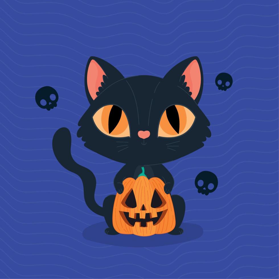 halloween kat met pompoen vector