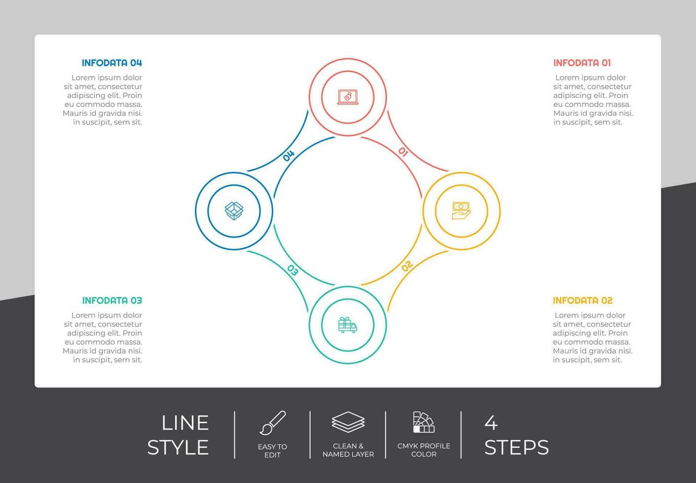 cirkel stap infographic vector ontwerp met 4 stappen kleurrijk stijl voor presentatie doel.lijn stap infographic kan worden gebruikt voor bedrijf en afzet