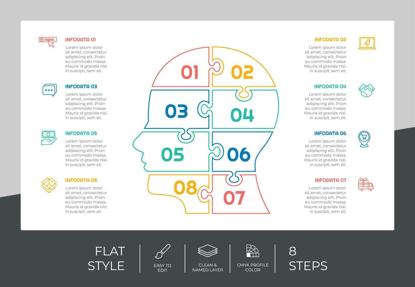 puzzel stap infographic vector ontwerp met 8 stappen kleurrijk stijl voor presentatie doel.lijn stap infographic kan worden gebruikt voor bedrijf en afzet