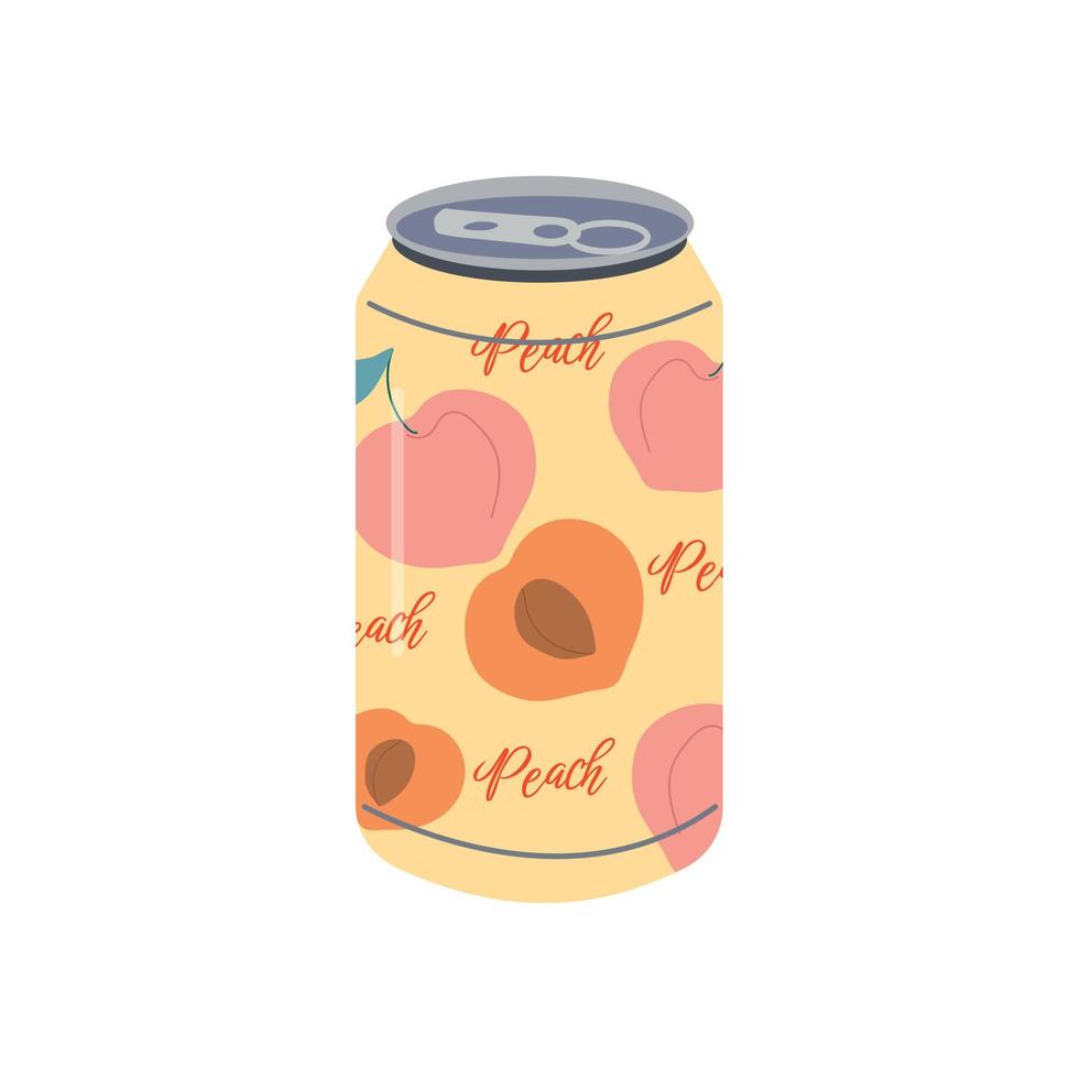 zacht drankje. vector illustratie van aluminium kan van Frisdrank drinken met sappig perziken en kleurrijk etiket