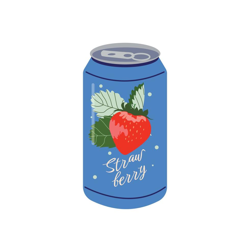 zacht drankje. vector illustratie van aluminium kan van Frisdrank drinken met sappig aardbei en kleurrijk etiket