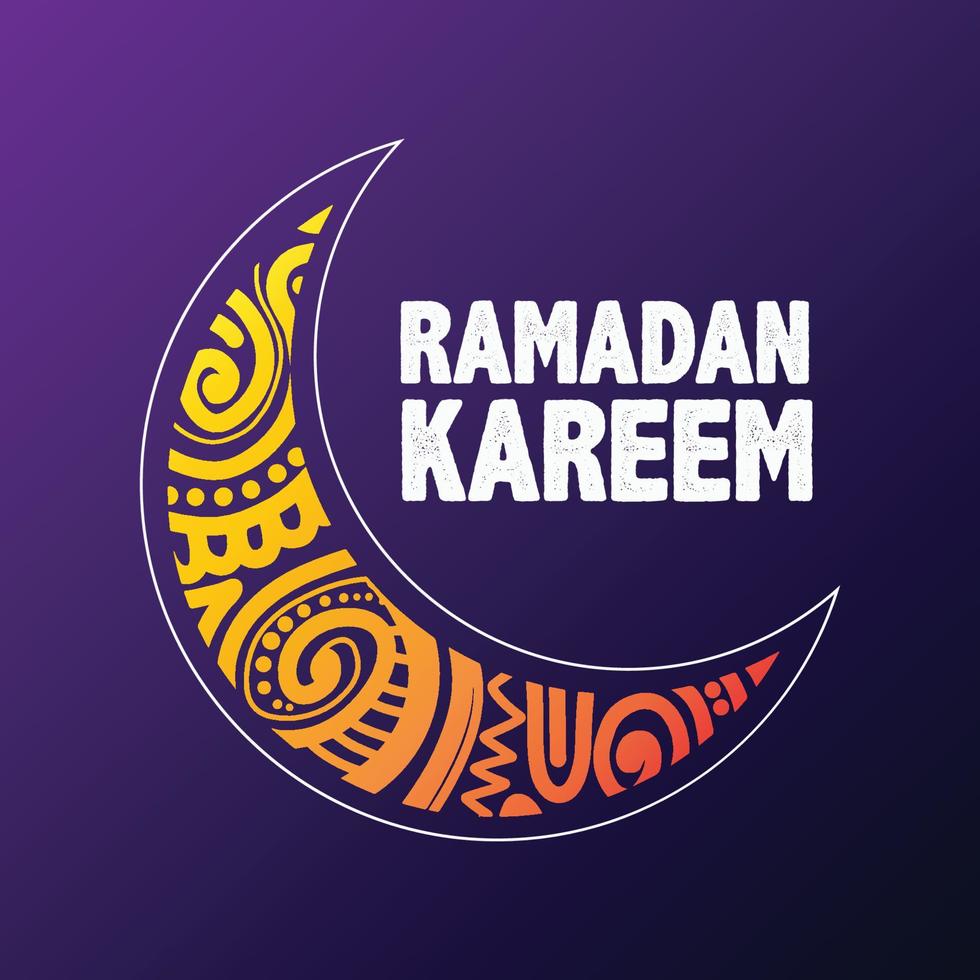 een Purper achtergrond met een halve maan maan en de woorden Ramadan kareem. tekening kunst illustratie een mooi maan voor Islamitisch religie festival Ramadan mubarak. vector
