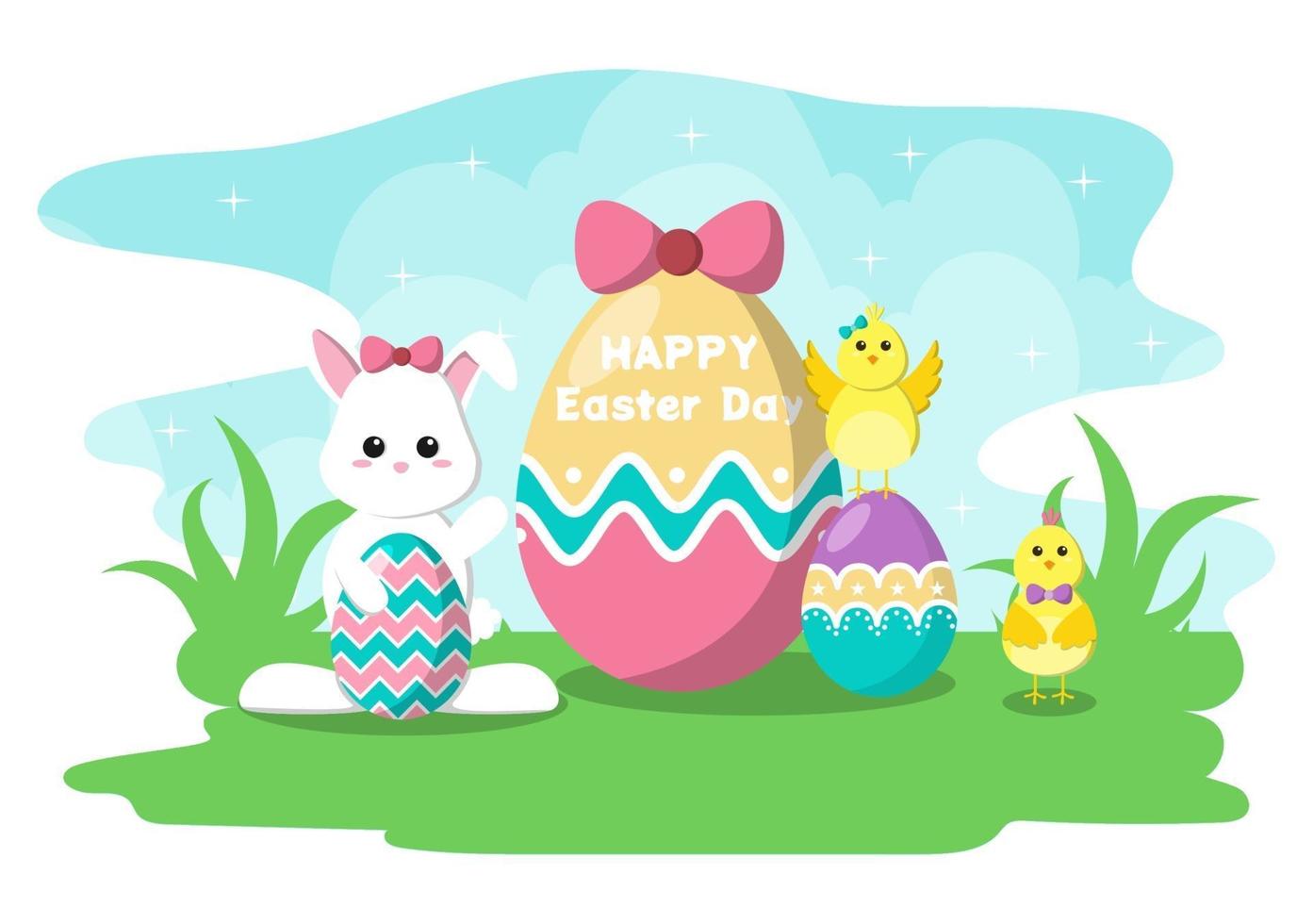 gelukkige paasdag platte ontwerp afbeelding achtergrond voor poster, uitnodiging en wenskaart. konijn en eieren concept. vector