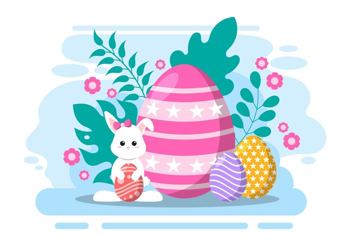 gelukkige paasdag platte ontwerp afbeelding achtergrond voor poster, uitnodiging en wenskaart. konijn en eieren concept. vector