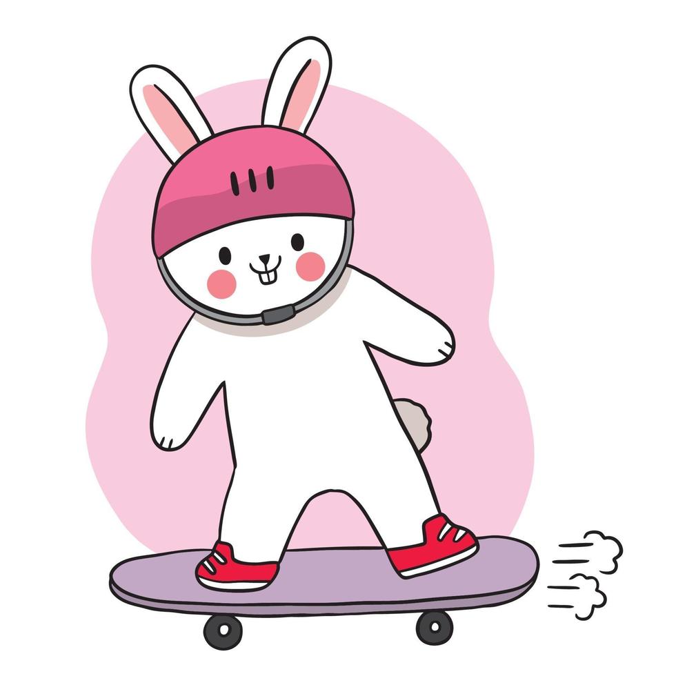 hand tekenen cartoon schattig konijn spelen op skateboard vector