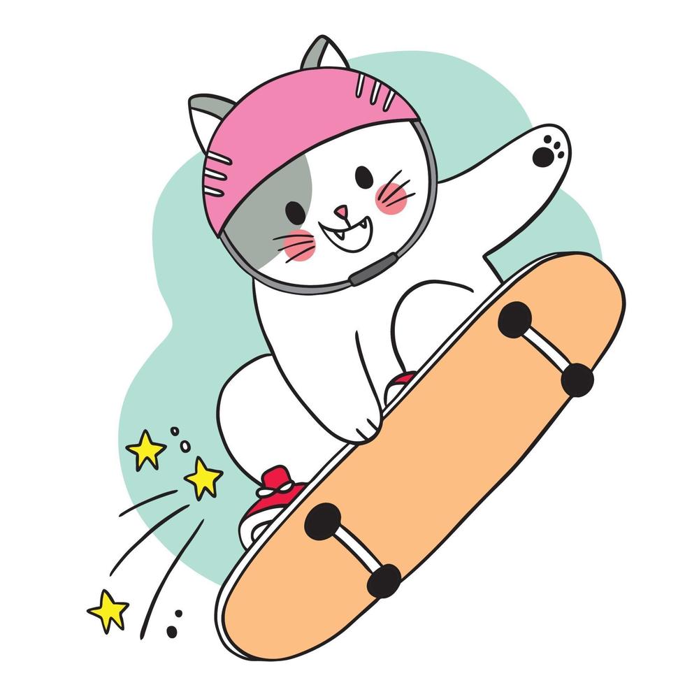 hand tekenen cartoon schattige kat spelen op skateboard vector