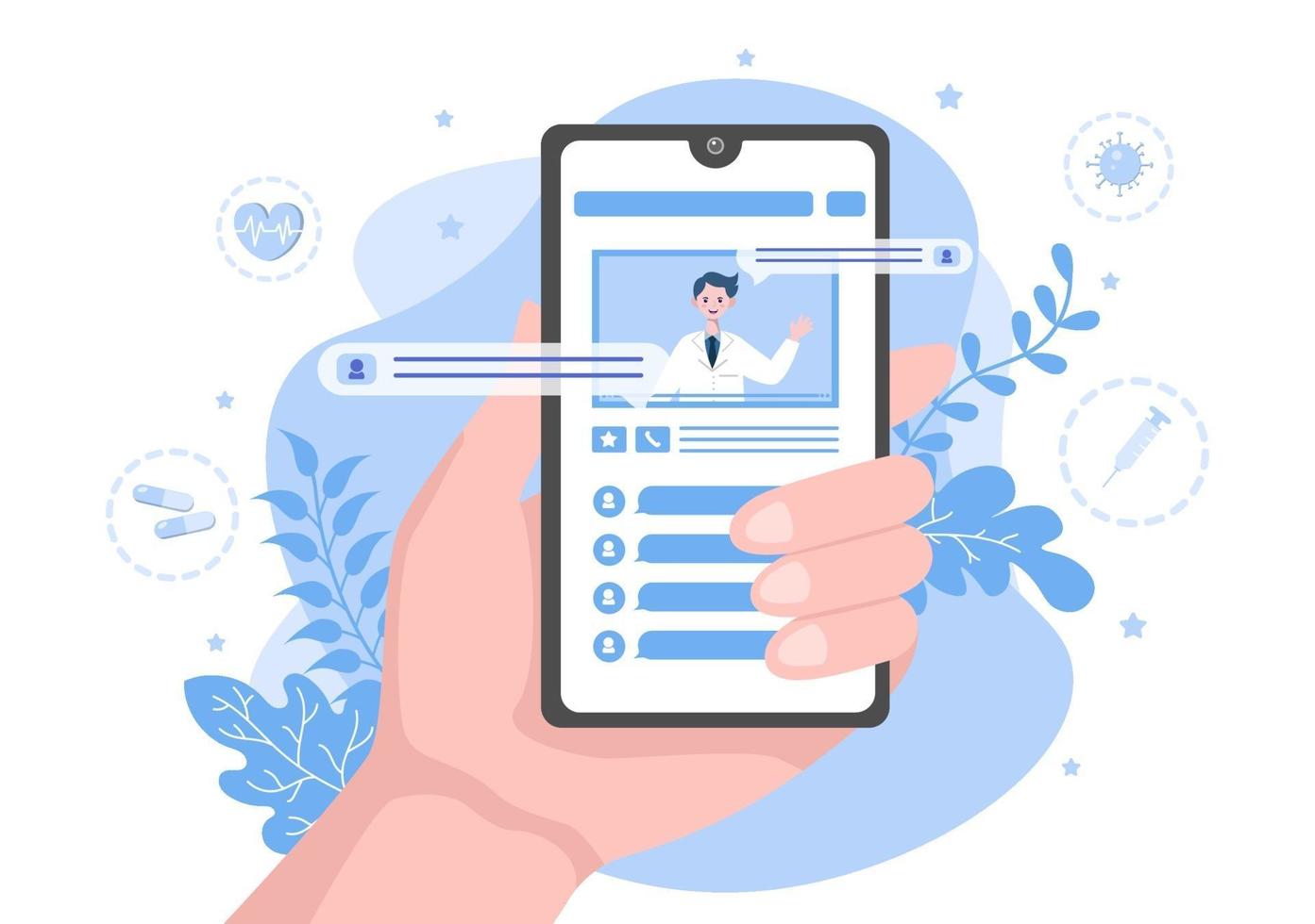 online gezondheidszorg en medisch concept van arts vectorillustratie, geneeskundeoverleg en behandeling via toepassing van smartphone of computer verbonden internetkliniek vector