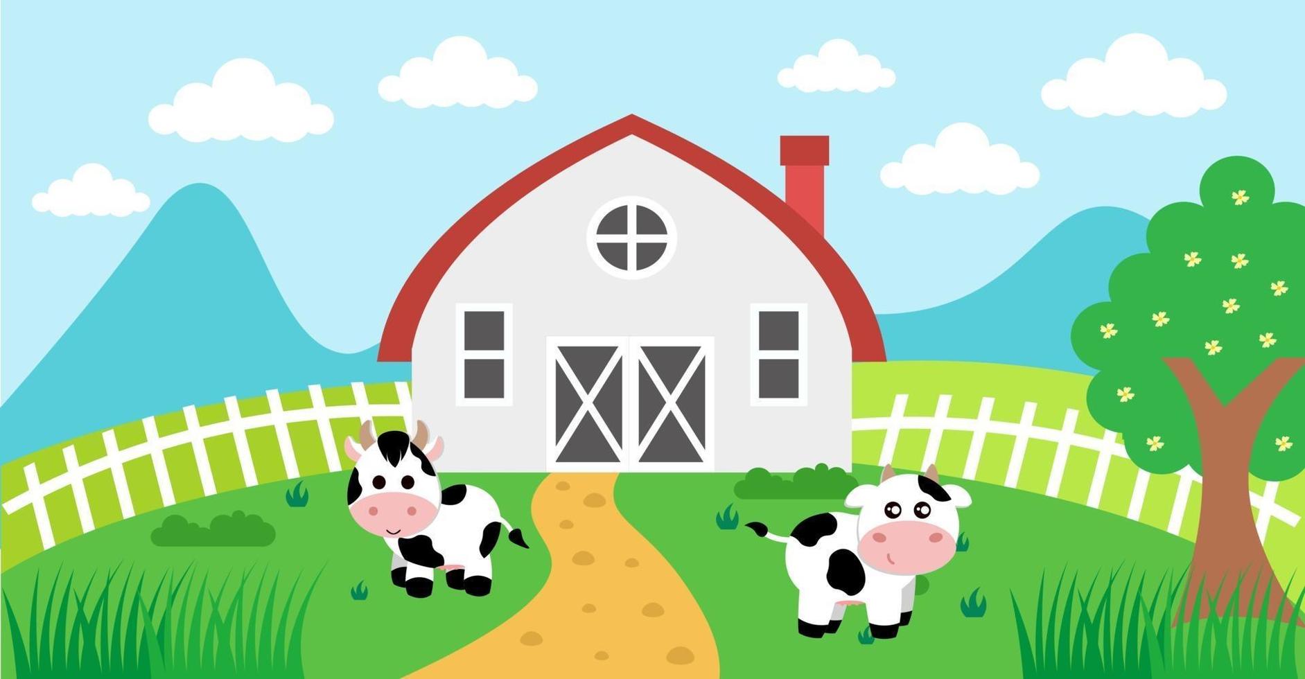 schattige cartoon vectorillustratie van koe en boerderij landelijke weide vector