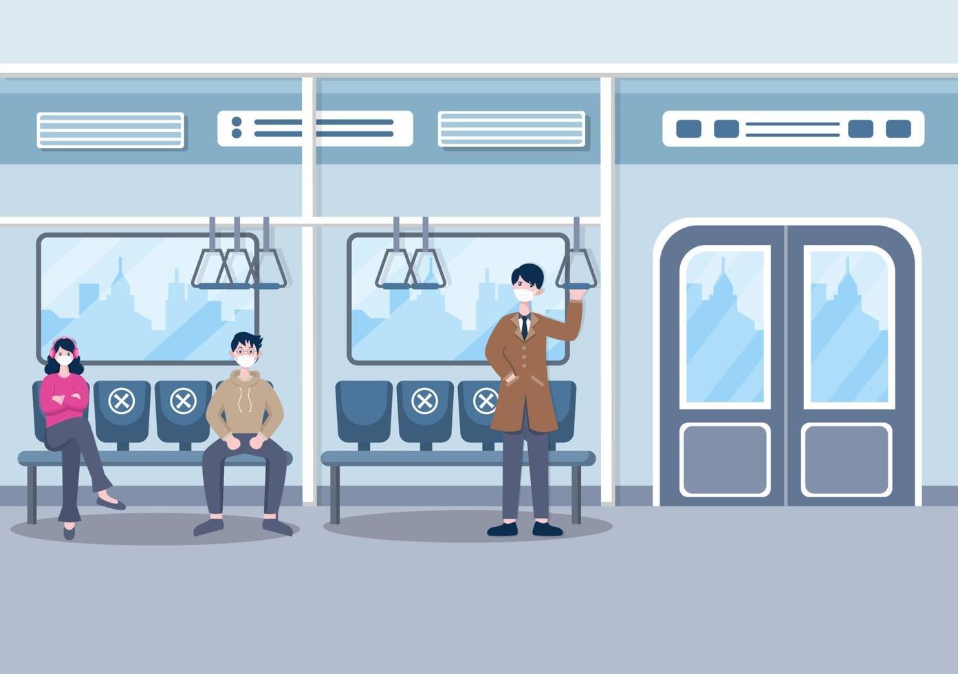 mensen die maskers dragen en sociale afstand houden tijdens het reizen met de trein om coronavirusziekte te voorkomen, vector illustratie