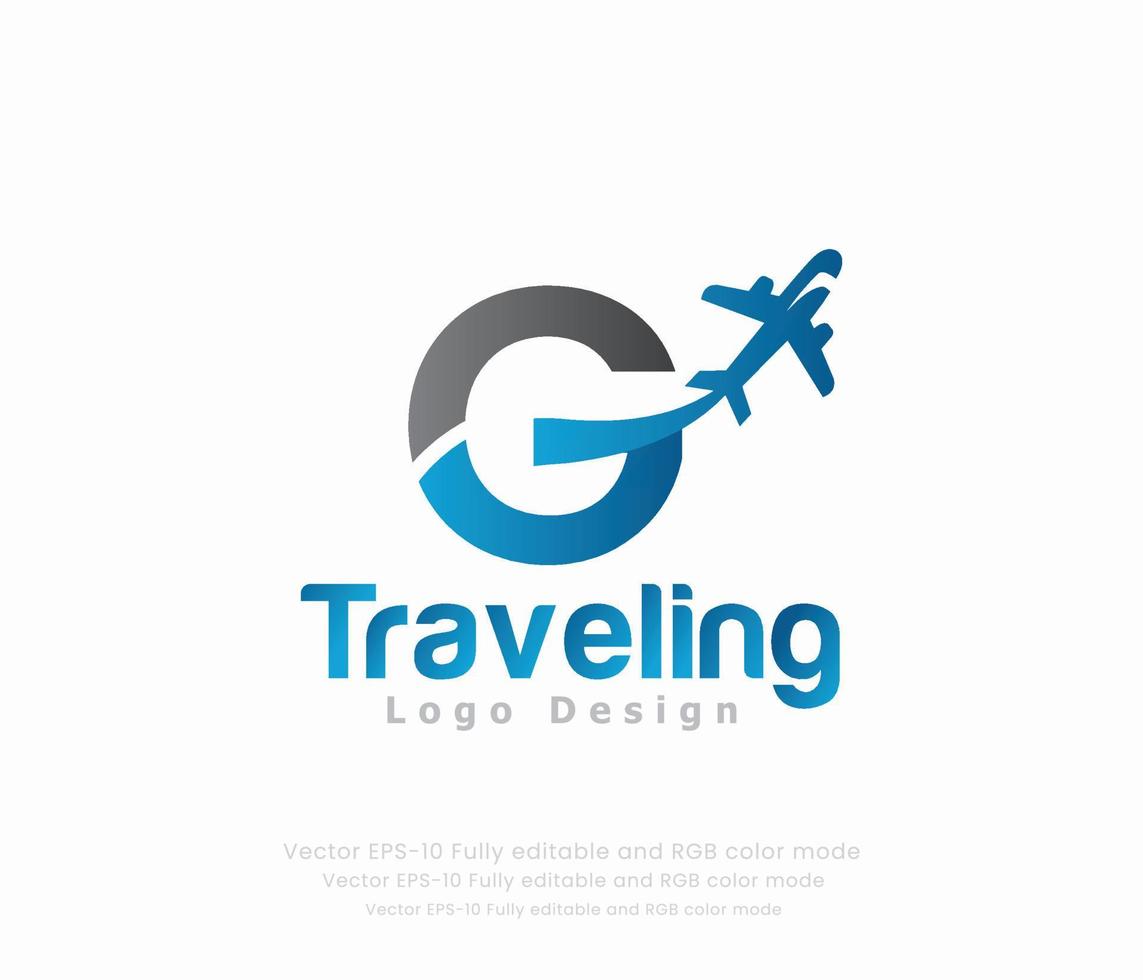 brief g reizen logo en vliegtuig logo vector