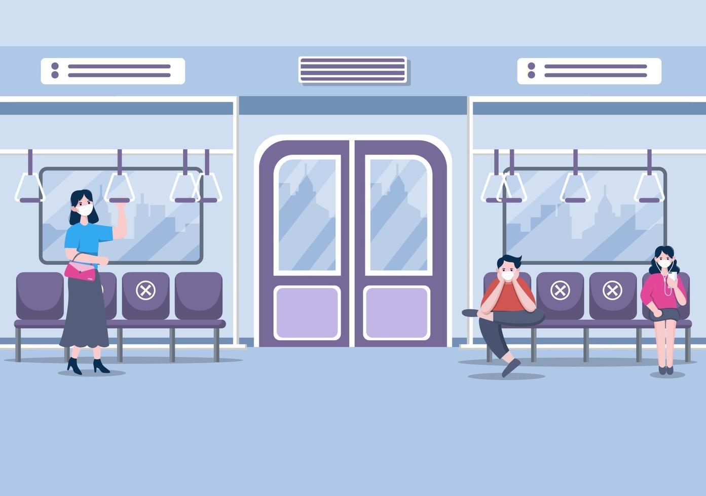 mensen die maskers dragen en sociale afstand houden tijdens het reizen met de trein om coronavirusziekte te voorkomen, vector illustratie