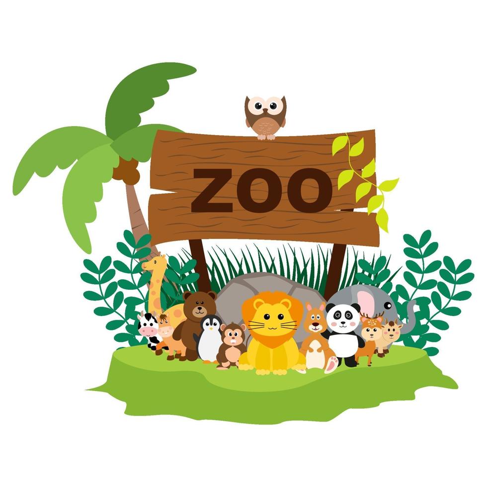 vector schattige jungle dieren in cartoon stijl, wilde dieren, dierentuin ontwerpen voor achtergrond, babykleding. handgetekende karakters