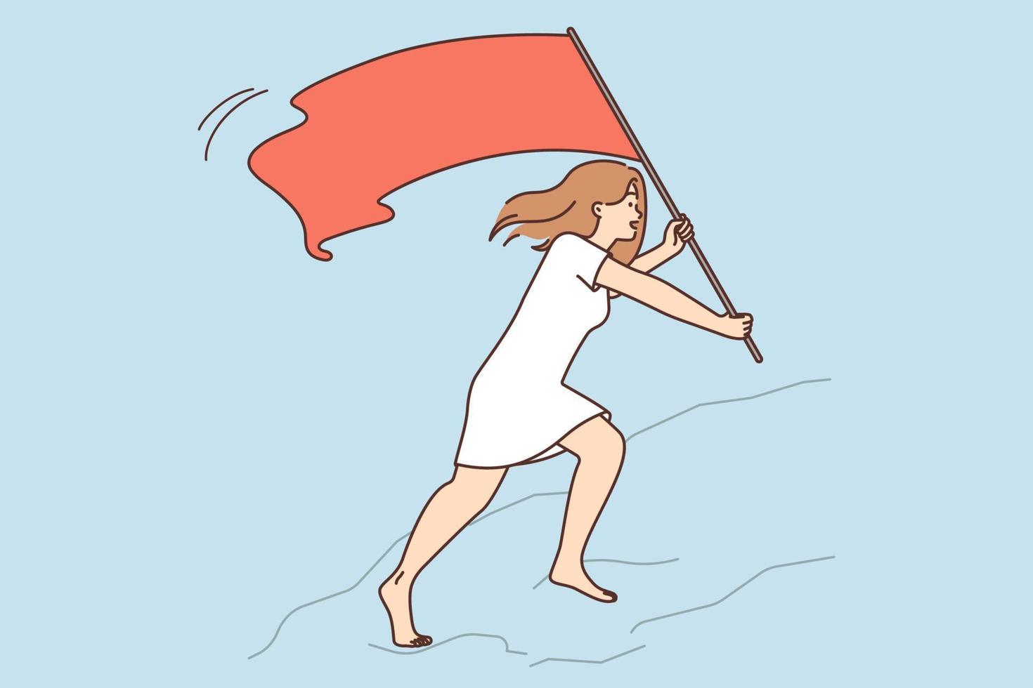 gemotiveerd vrouw met rood vlag bereiken berg piek. zelfverzekerd gelukkig vrouw nadering doel of doel. motivatie en succes. vector illustratie.