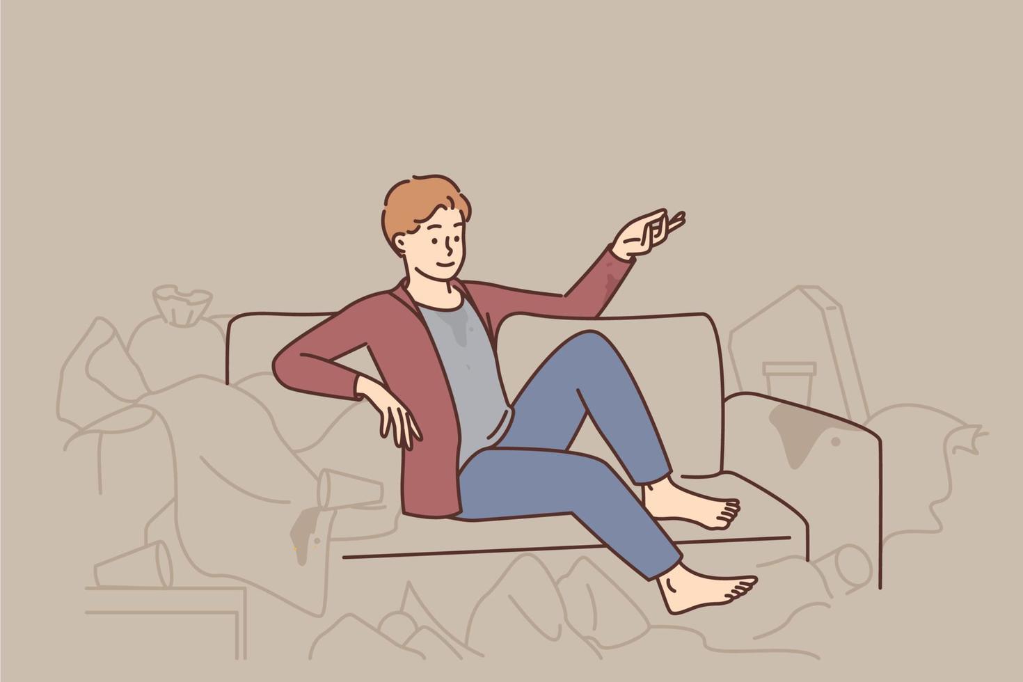 Mens zitten Aan bankstel omringd met vuilnis Bij huis aan het kijken TV. zorgeloos mannetje kom tot rust Aan sofa met televisie, uitschot Tassen in de omgeving van. vector illustratie.