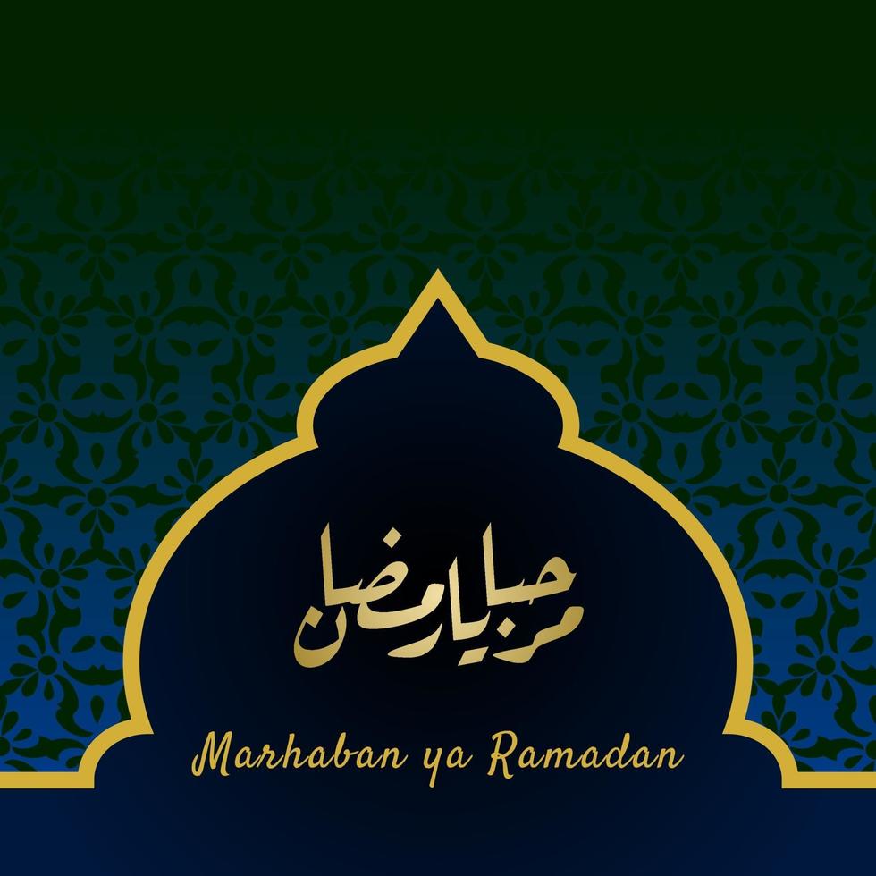 marhaban ya ramadhan banner met kalligrafie, moskee op pastelkleur geschikt voor wenskaarten, flyer, poster, omslag, web, social media post of verhalen vector