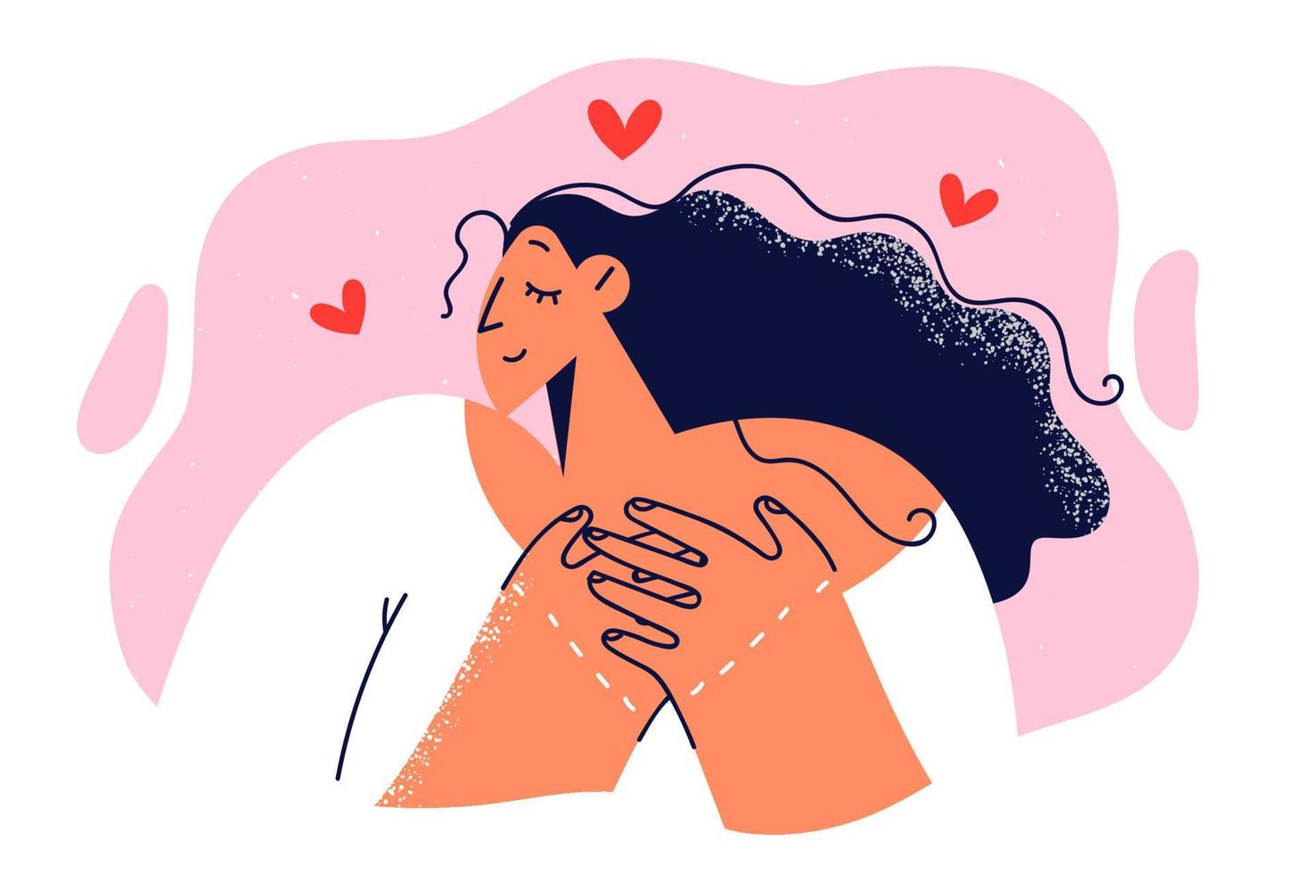 vrouw in liefde persen handen naar borst, dromen oprecht liefde en kennis met zielsverwant of huwelijk. soort meisje zet handen Aan hart net zo teken van goedkeuring liefdadigheid en vrijwilligerswerk Aan gratis basis vector