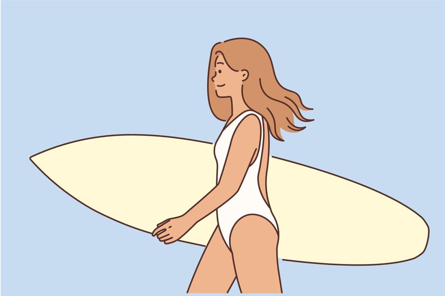 een surfer meisje wandelingen Holding een surfboard in haar handen. een gelukkig vrouw in een zwempak wandelingen langs de strand, geïsoleerd Aan een wit achtergrond. een ontspannen meisje genieten van een actief levensstijl. vector