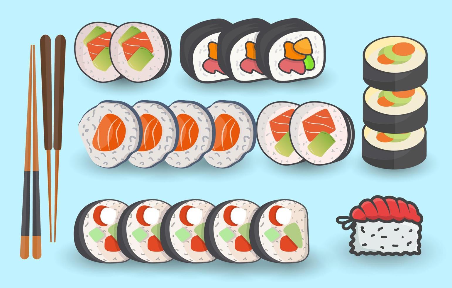 sushi Aziatisch voedsel reeks Aan lucht achtergrond broodjes en vector illustratie. premie vector. creatief hoge kwaliteit uniek sushi illustraties vector.