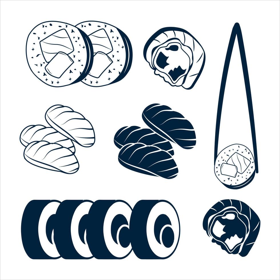 sushi vector Aziatisch voedsel set, klem kunst vector en broodjes en zwart kleur met premie vector. premie vector. creatief hoge kwaliteit uniek sushi klem kunst vector.