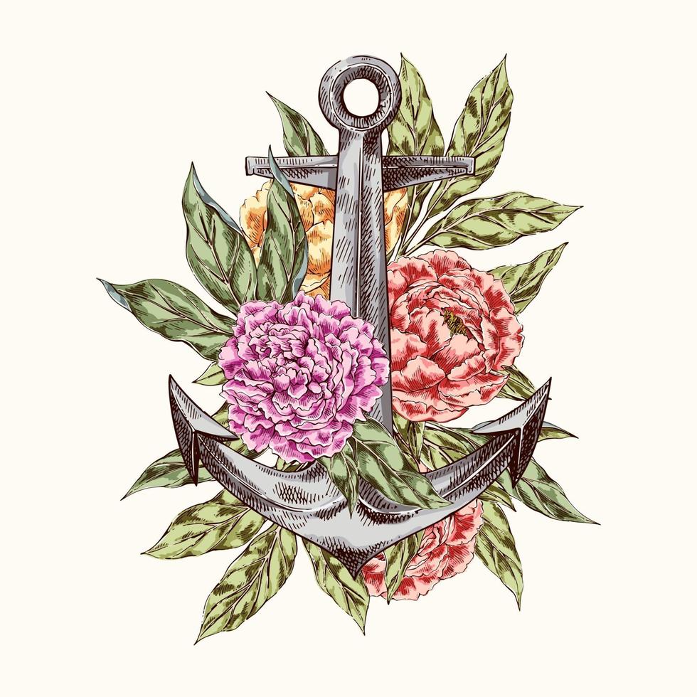 het zee-anker met het logo van pioenenbloemen vector