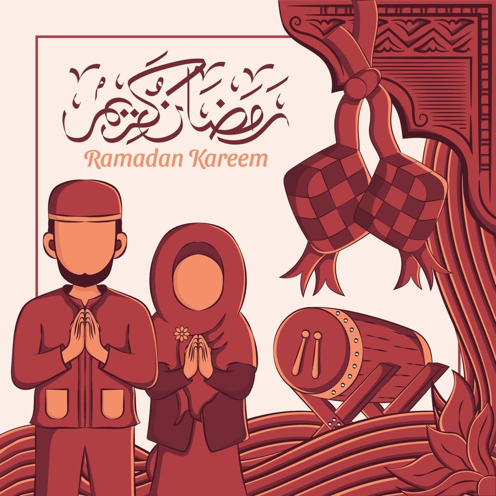 hand getrokken illustratie van ramadan kareem of eid mubarak groet concept op witte achtergrond. vector