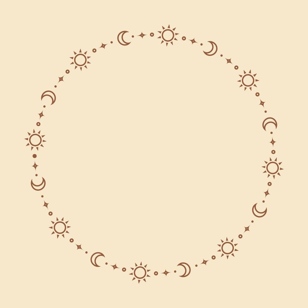 mysticus hemel- ronde kader met zon, sterren, maan fasen, halve manen. overladen Boheems magisch grens achtergrond. vector