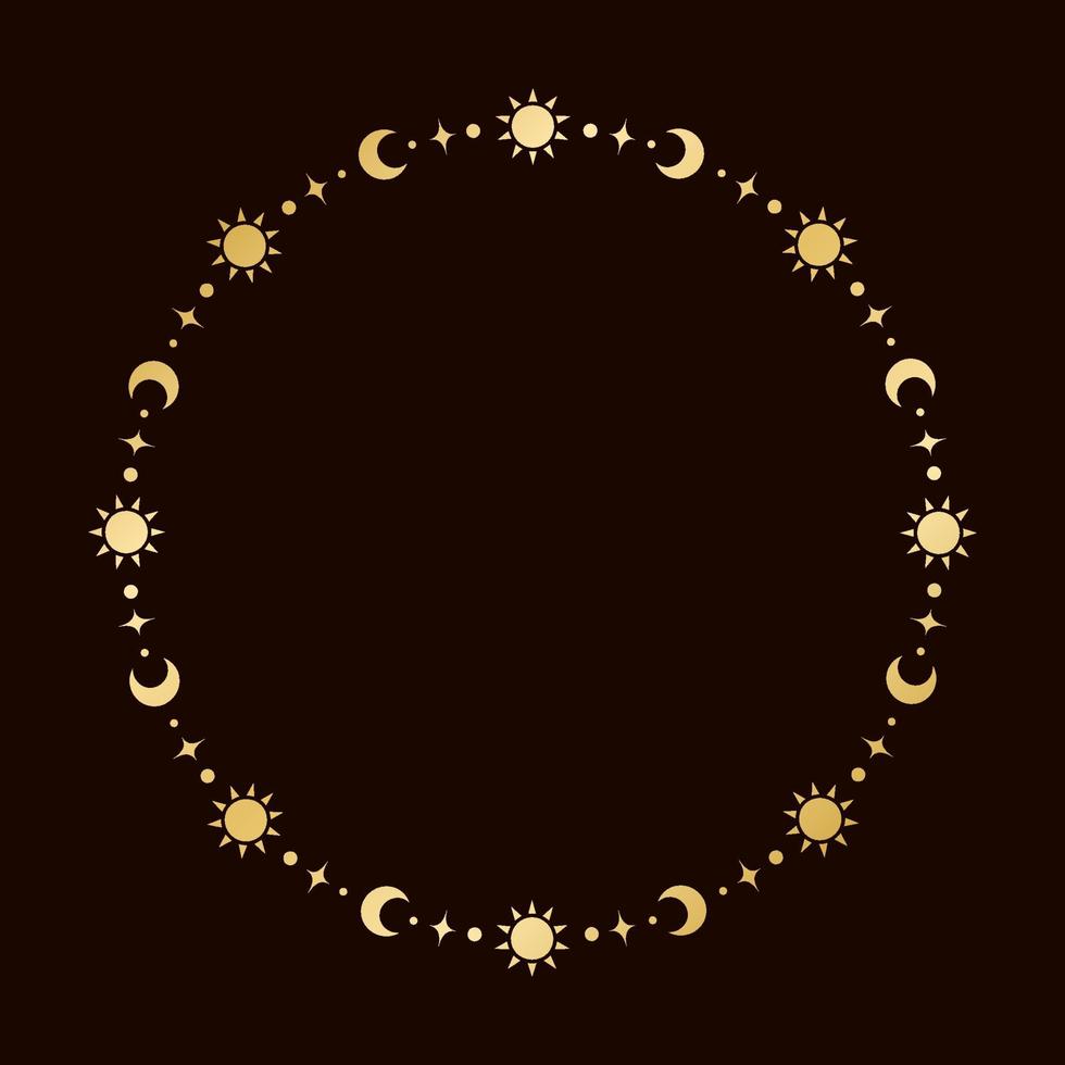 mysticus hemel- ronde gouden kader met zon, sterren, maan fasen, halve manen en kopiëren ruimte. overladen magisch achtergrond. vector