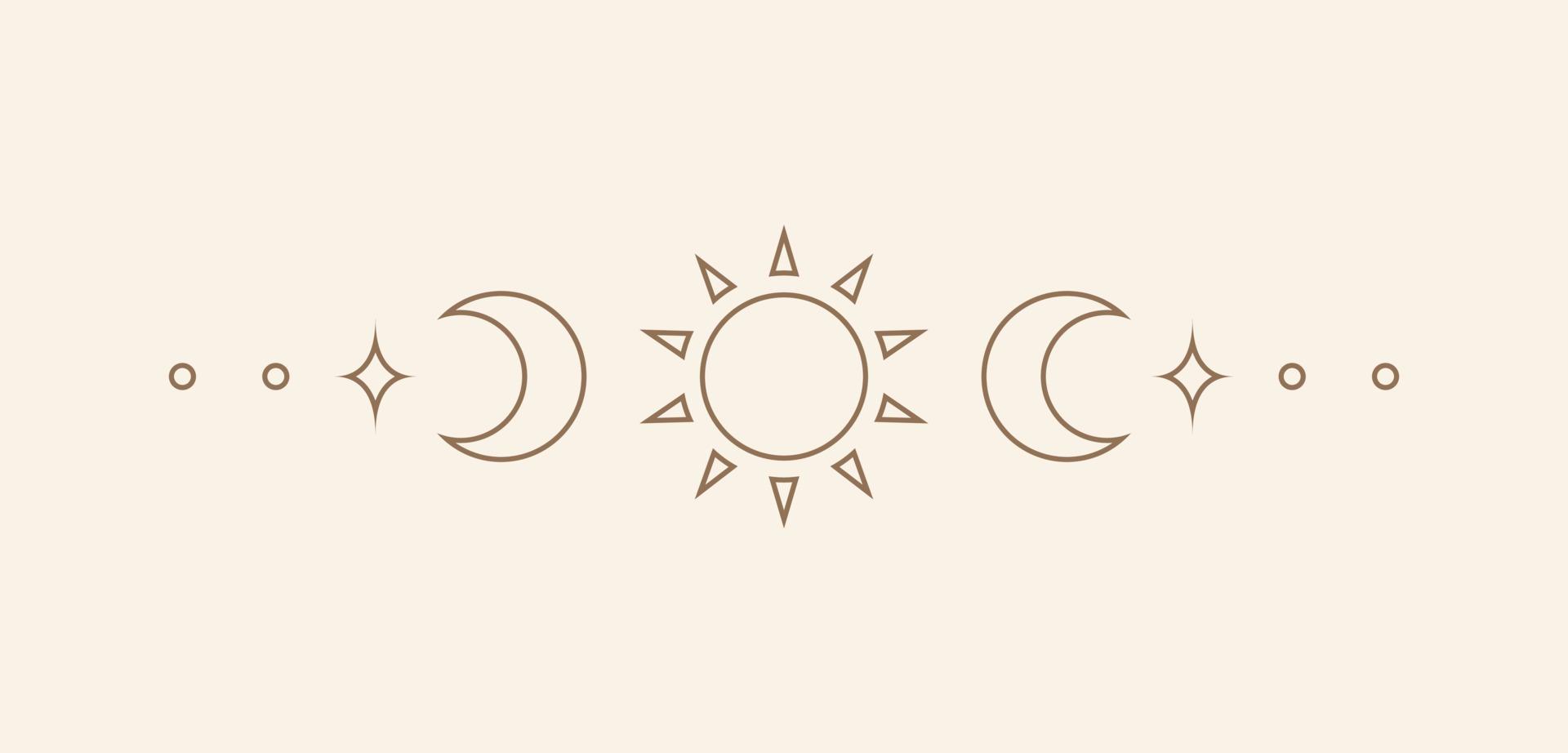 hemel- tekst verdeler met zon, sterren, maan fasen, halve manen. overladen boho mysticus scheidingsteken decoratief element vector