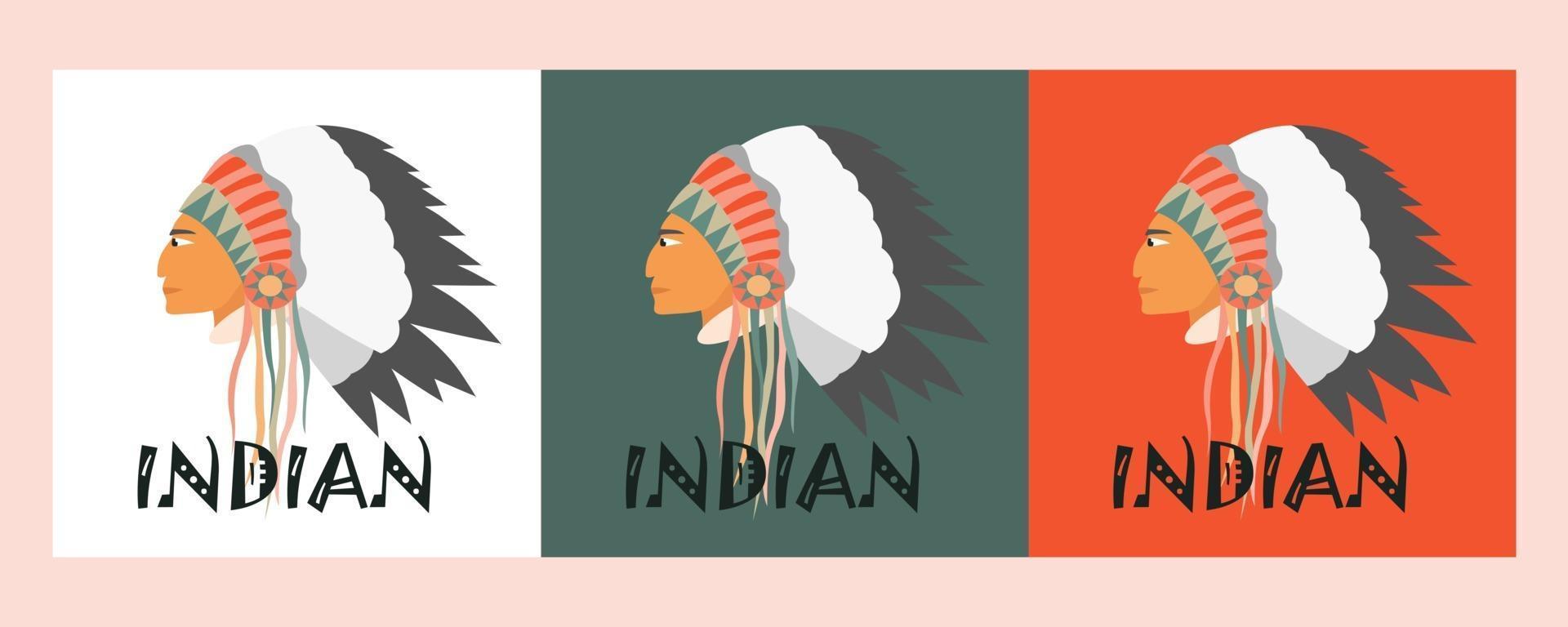 vector afbeelding van een indiaan in profiel met een hoofdtooi gemaakt van veren en linten. drie opties van achtergrond