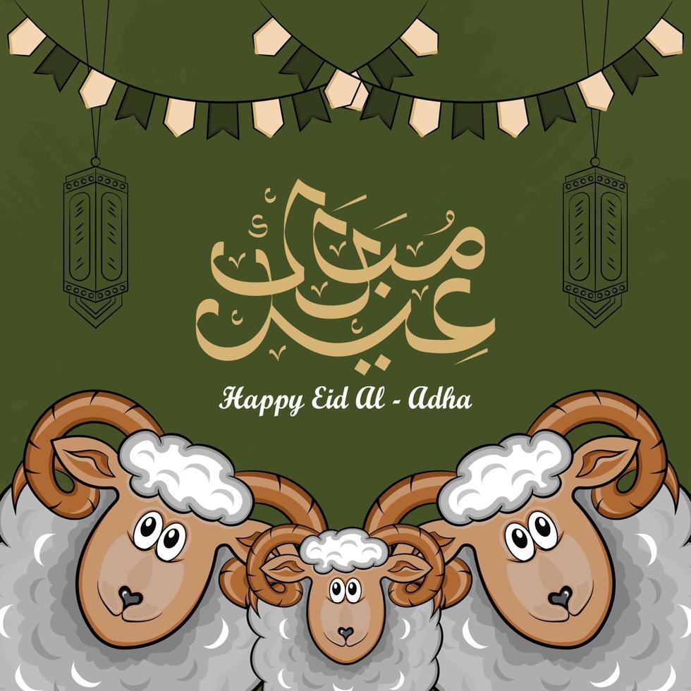 eid al-adha wenskaarten met hand getrokken schapen en lantaarns op groene achtergrond. vector