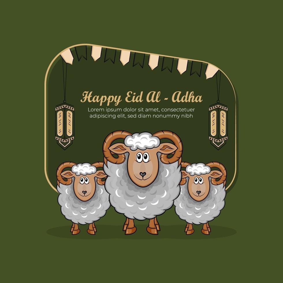 eid al-adha wenskaarten met hand getrokken schapen en lantaarns op groene achtergrond. vector
