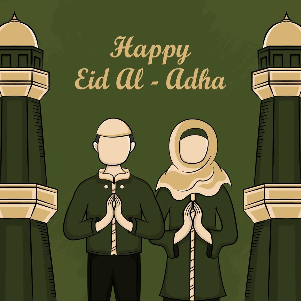 eid al-adha wenskaarten met hand getrokken moslimmensen en moskee op groene achtergrond. vector