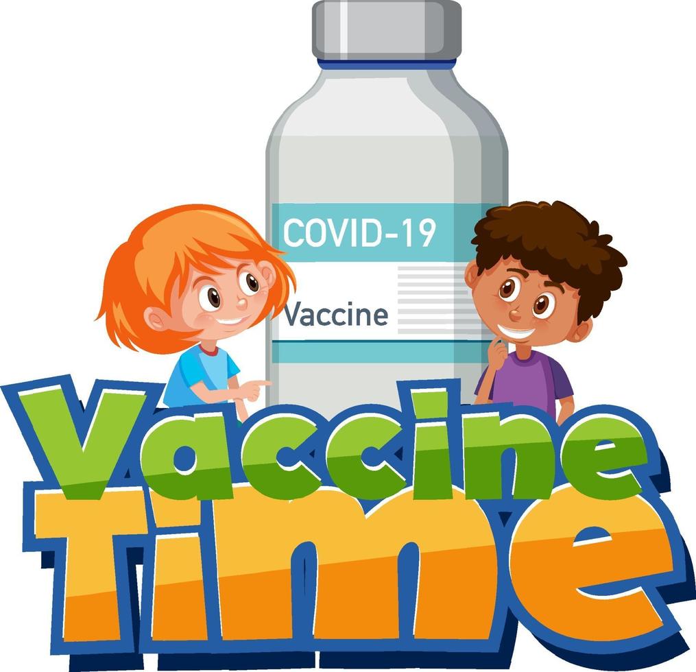 vaccin tijd lettertype met kinderen en vaccinfles vector