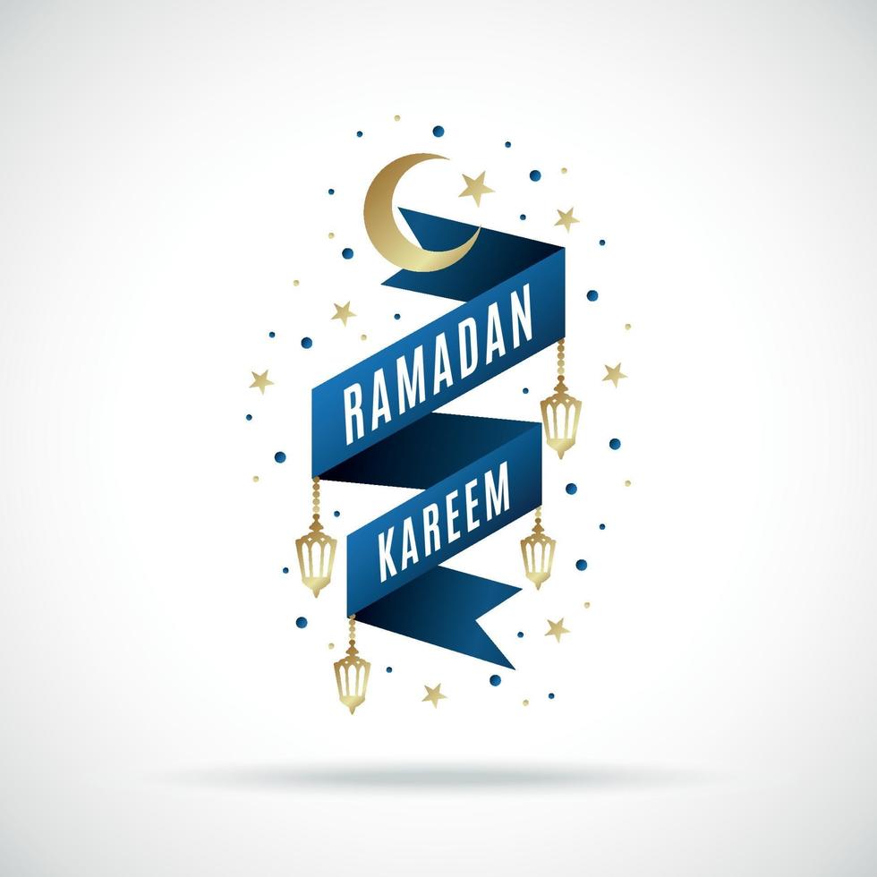 banner met blauw lint en gouden Arabische lantaarns met titel voor heilige maand moslim ramadan kareem. vector