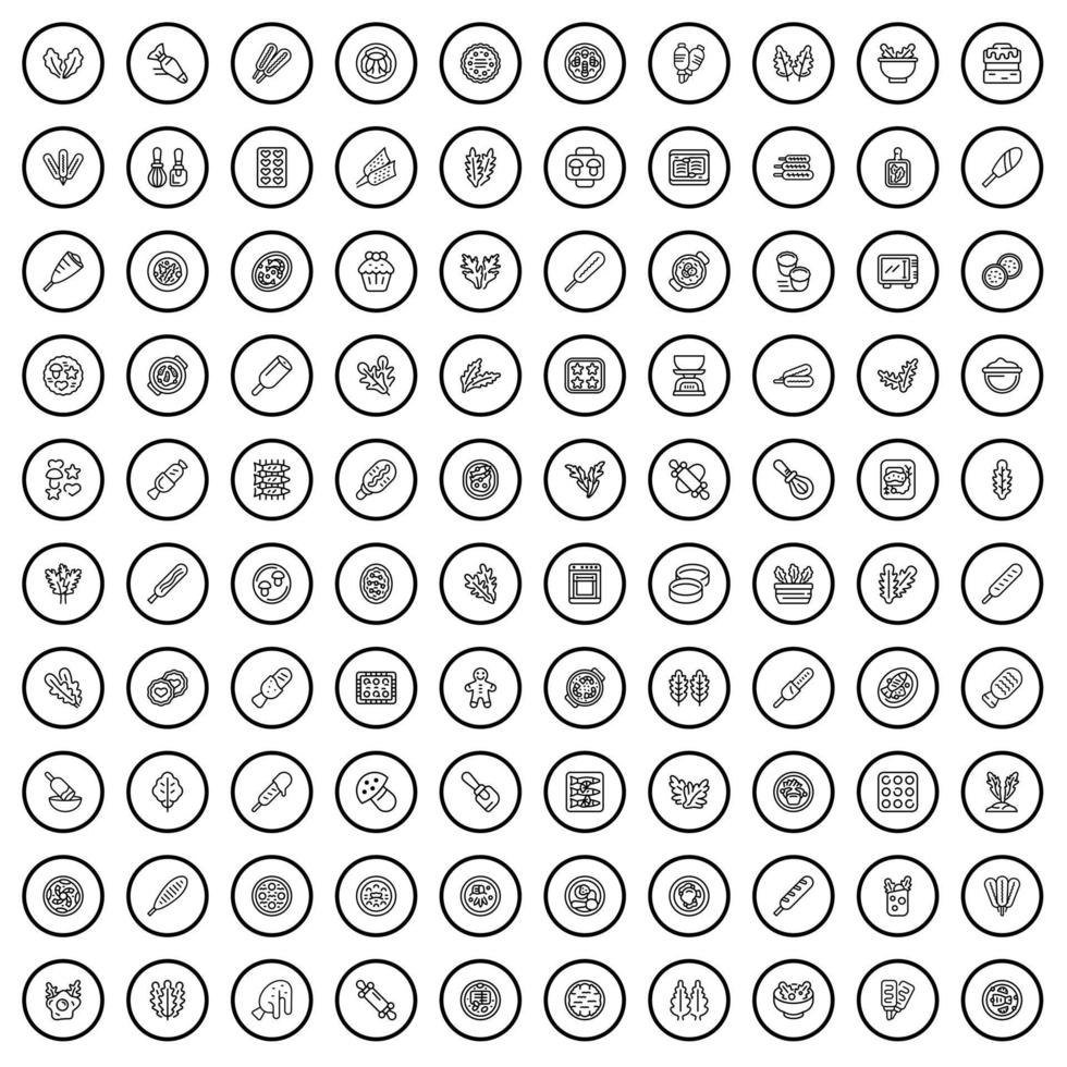 100 koken iconen set, Kaderstijl vector